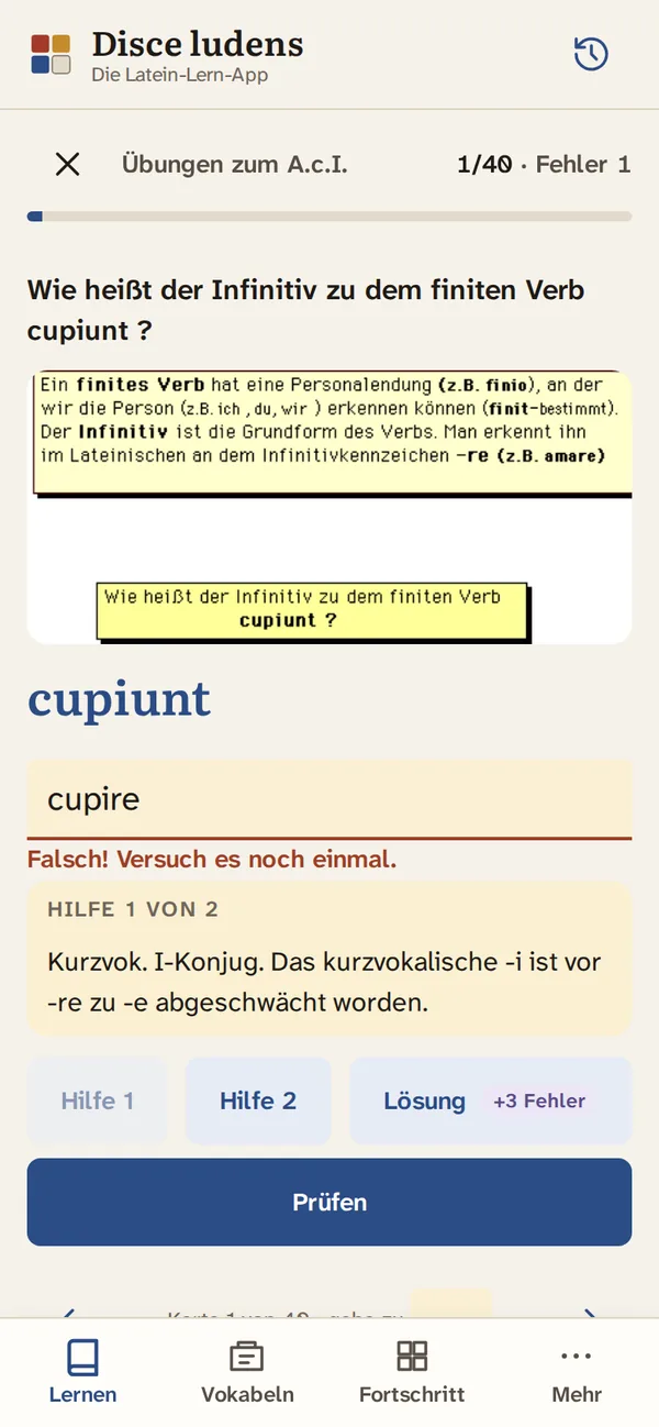 Forms exercise on a phone: after the wrong answer cupire, hint 1 of 2 gives a tip; below are hint 2, the solution for three error points and Check
