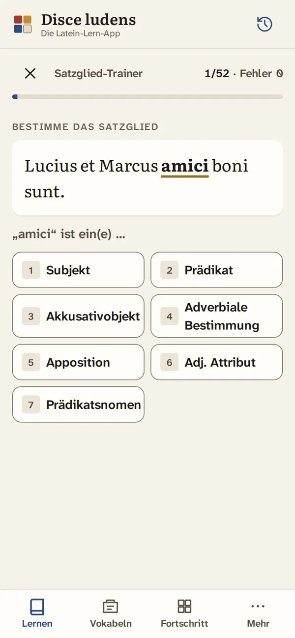 Satzglied-Trainer auf dem Handy mit sieben Antwortknöpfen