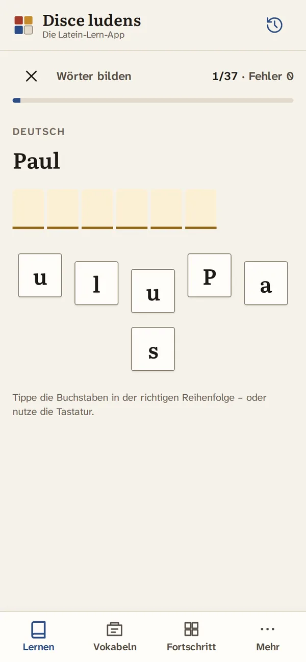 Übung „Wörter bilden“ auf dem Handy: zum deutschen Wort „Paul“ werden die Buchstaben P, a, u, l angetippt