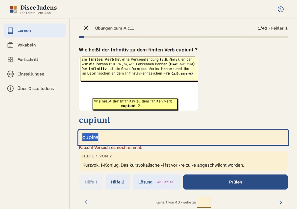 Modern mode: after a wrong answer, hint 1 of 2 gives a tip; the solution costs three error points